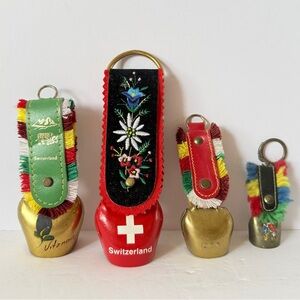 Set of 4 Vintage Swiss Cowbell Souvenir Collection – Brass Alpine Bells